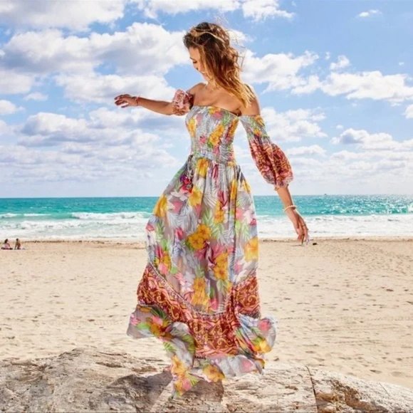 ALTAR'D STATE Floral Tropical Boho Off Shoulder Maxi Dress SMALL Smocked Beach - Picture 1 of 7